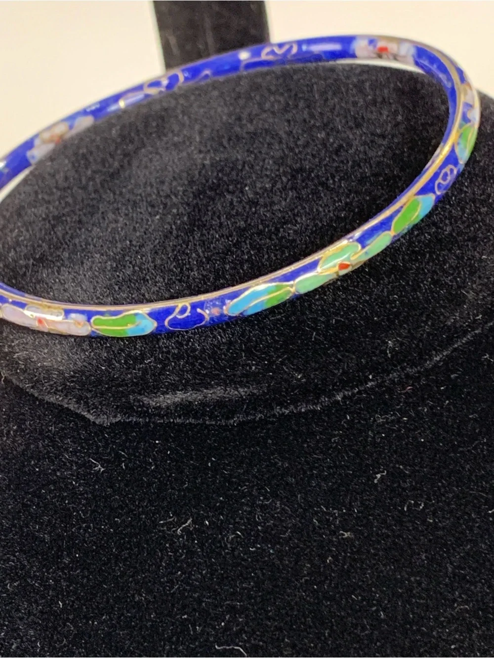Vintage Cloisonné Bangle Bracelet Blue Floral